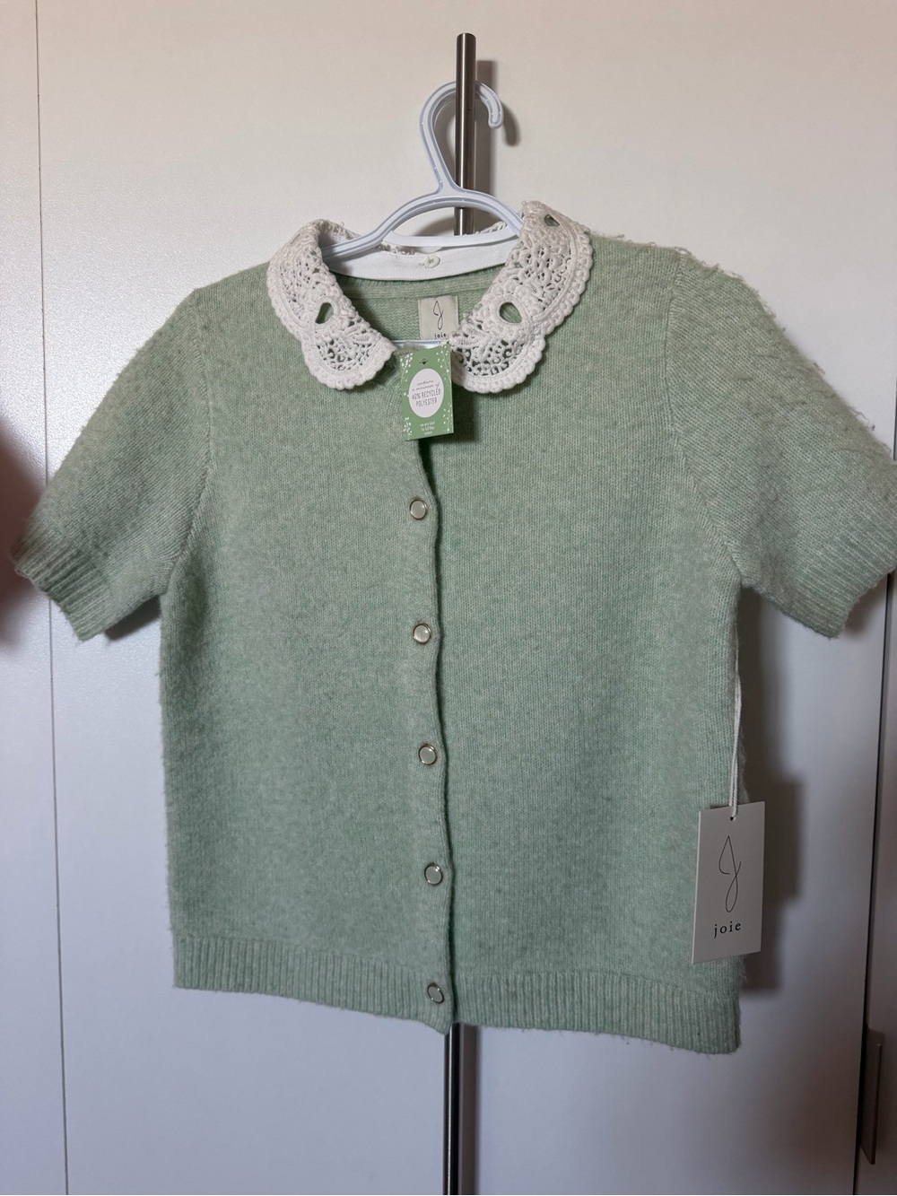 Joie Sage Green Knit Short Sleeve Cardigan with Detachable
Crochet Lace Collar